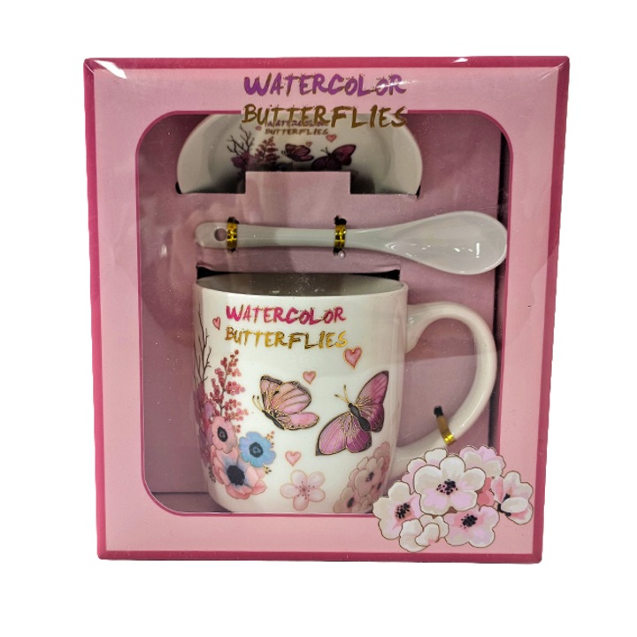 Комплект керамични чаши за чай, Energy Mug, 300 ml, с лъжица и чинийка, флорален принт, в елегантна кутия, WaterColor Butterflies Pink, Velve