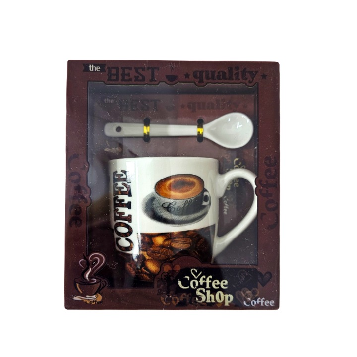 Комплект керамична чаша за кафе, Twilight, 200 мл, с лъжичка и елегантна кутия, Coffee Shop, Кафяв, VELVE