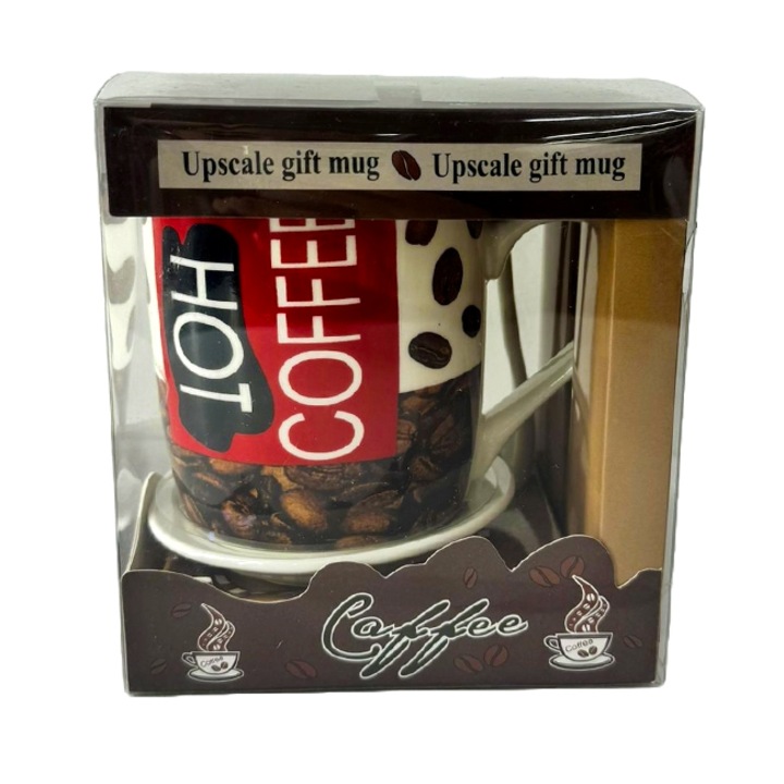 Комплект чаша с лъжица и чиния Velve Hot Coffee, Керамичен, 350 мл, С подходяща елегантна кутия, Кафяв