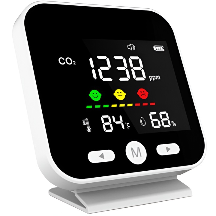 HASEPE hordozható levegőminőség-mérő monitor, CO2 szén-dioxid, hőmérséklet és páratartalom érzékelő, fehér