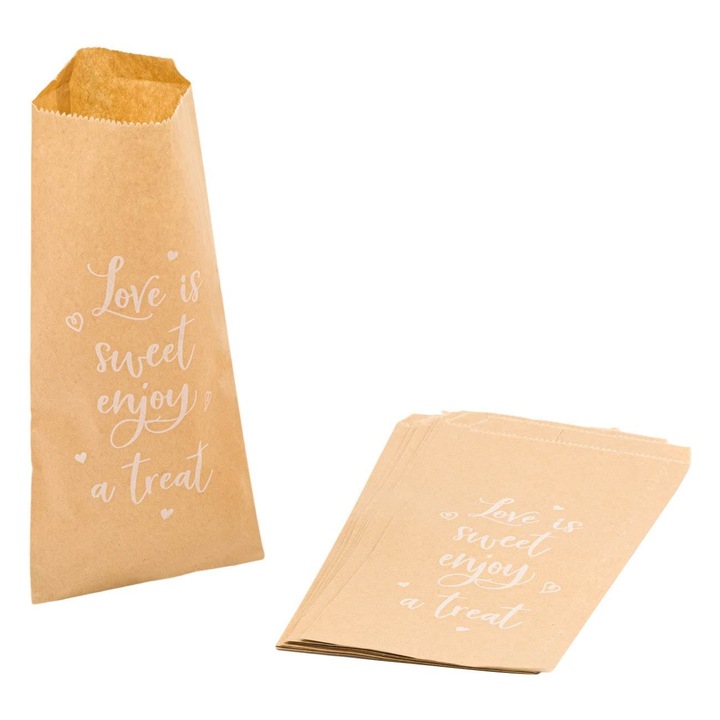 Комплект от 10 хартиени торби за бонбони Shopiens, крафт с бяло послание Love is sweet, Enjoy a treat, 20,5 x 10,2 cm