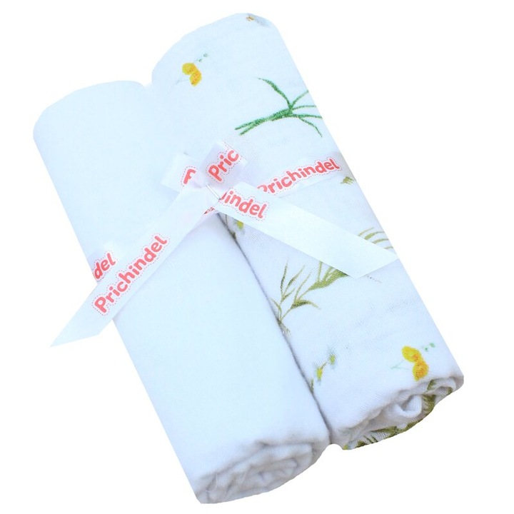 Set 2 scutece, muselina si finet, Floricele galbene, 80 x 67 cm, alb