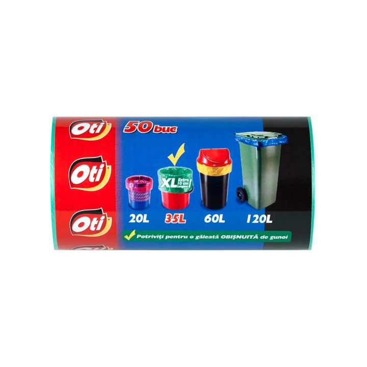 Saci menajeri OTI SOLID, 35 litri XL (extra lungime 10 cm), 50 x 70 cm, 50 buc/pachet, Verde