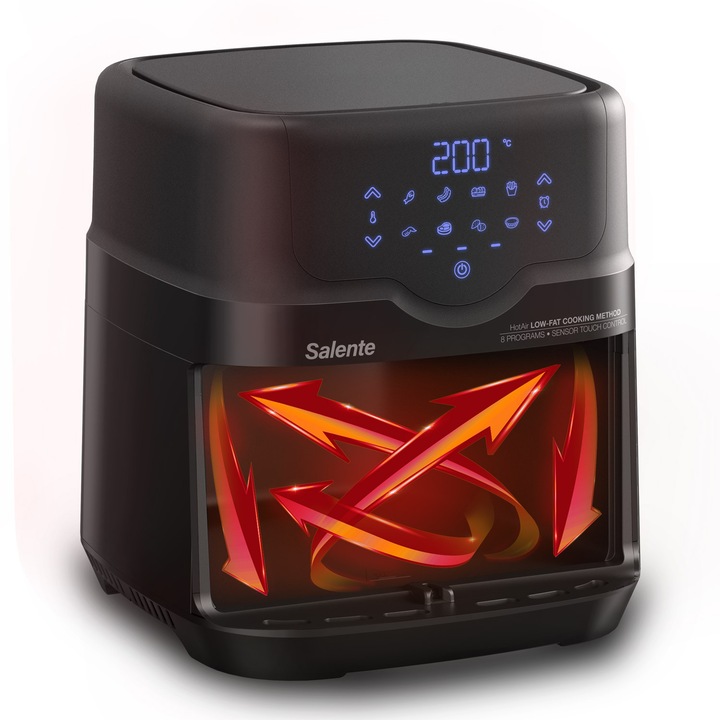 Friteuza cu aer comprimat Salente HotAir, 1500 W, 2 in 1, 4,3 l, Prajire si gratar, 8 programe presetate, Negru