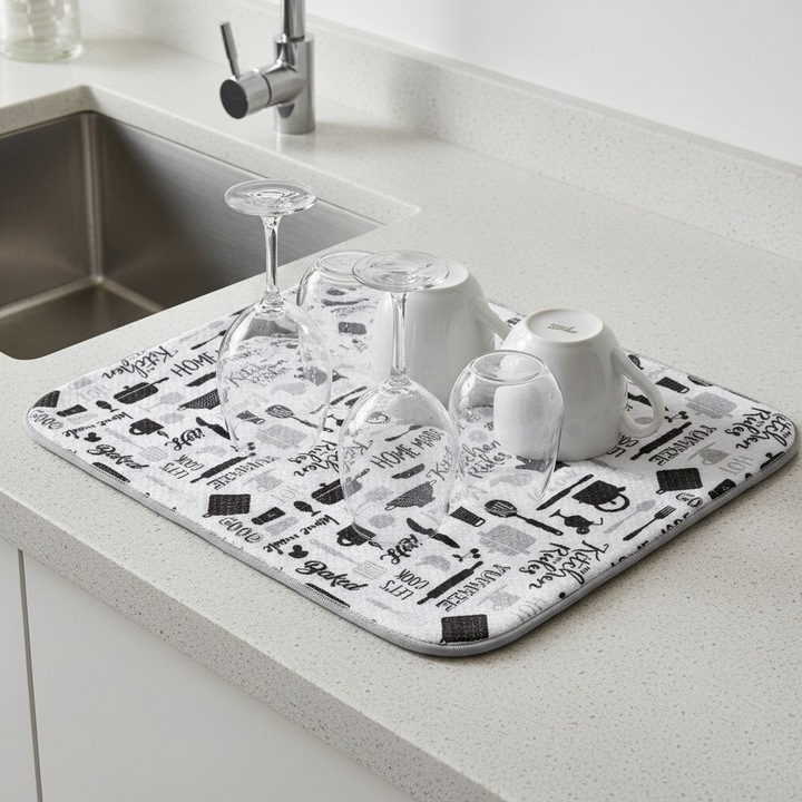 Uscator de vase si pahare, tip prosop absorbant, Syamag, alb/negru, 50x39 cm