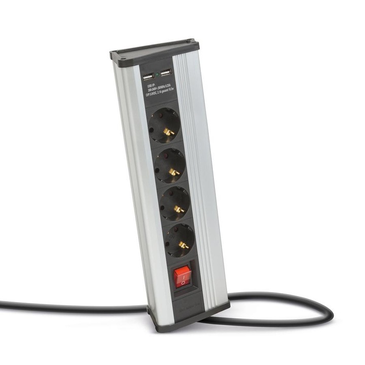 Sarokelosztó 4 dugalj + 2 USB - kapcsolós, alumínium