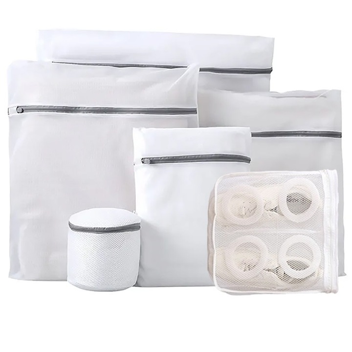 Set 6 saculeti rufe, poliester, QuTek, dimensiuni multiple, fermoar ascuns, protectie pentru haine sensibile in masina de spalat si uscator, pentru lenjerie delicata, lenjerie de corp, sac dreptunghiular incaltari sport, Alb-Gri