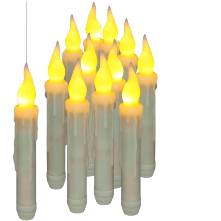 Lumanari plutitoare PChero, 12 bucati, cu LED-uri alimentate de baterii si telecomanda, cu flacara tremuratoare, galben cald