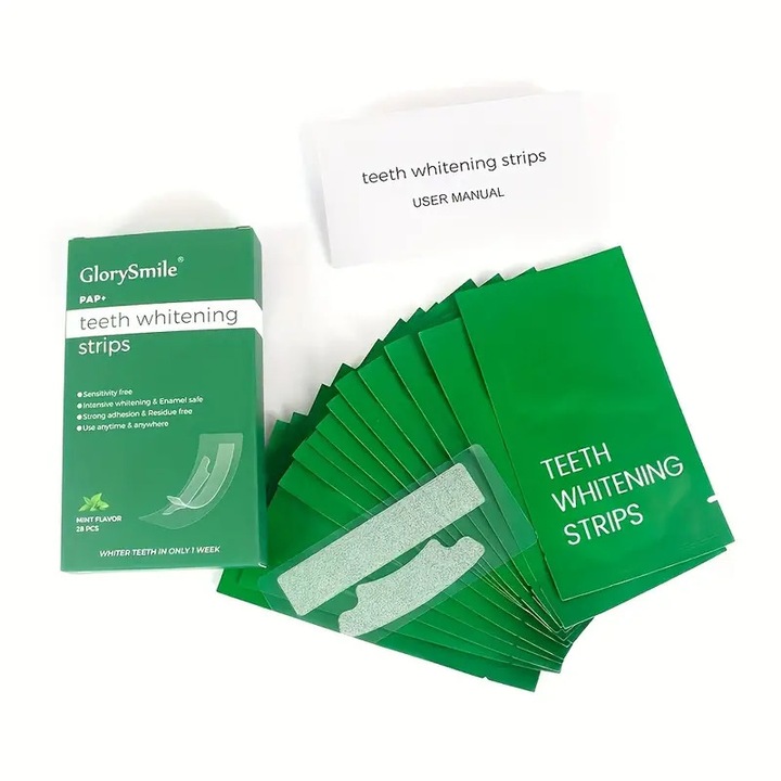14x fogfehérítő csík készlet, Glory Smile, PAP+, vegánbarát, intenzív hatás, peroxid nélkül, 14 napos kezelés