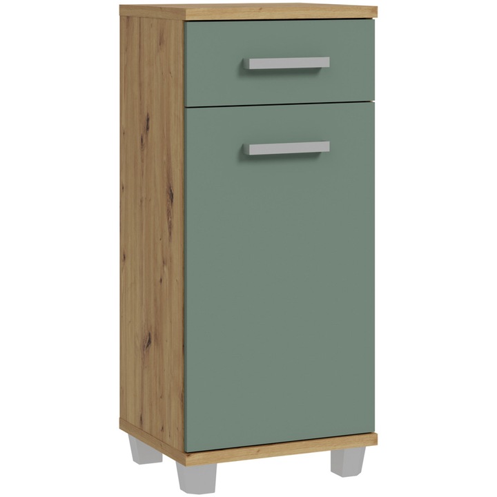 Comoda baie Forte Veris, 1 usa + 1 sertar, manere metal, 40.2x 34.8x 90.8 cm, stejar Artisan/ verde menta