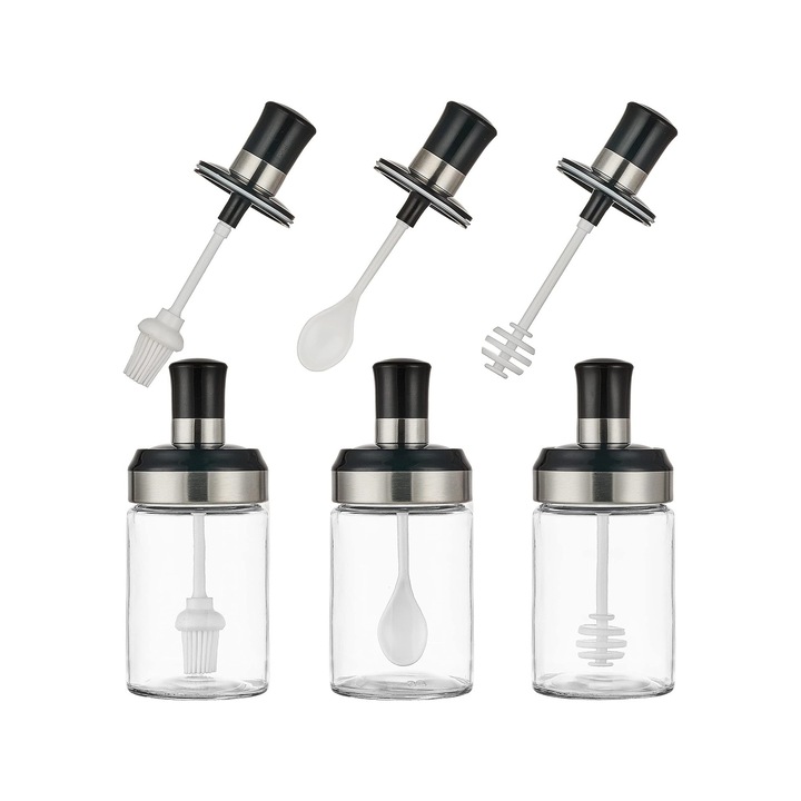 Set 3 recipiente cu lingurita/pensula/accesoriu miere, pentru depozitare condimente/ulei/sosuri, cu capac, Transparent, Sticla, 220 ml