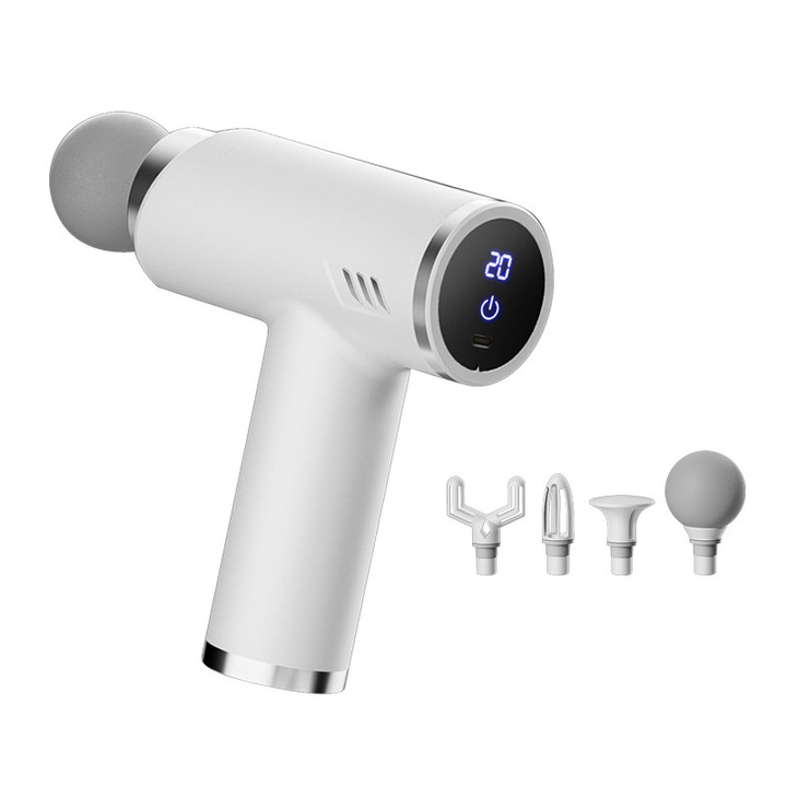 Мини масажен пистолет, LXNZUHN®, 4 масажни глави, Антицелулитен, Тонизиращ, 20 нива, 19×17 см, Бял