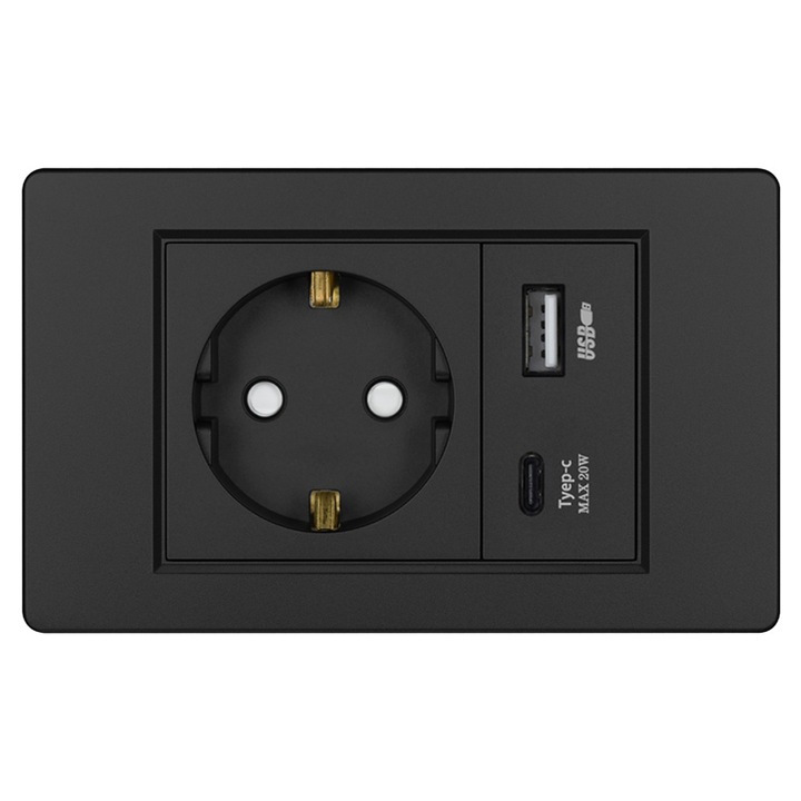 Контакт с USB и Type-C портове, с енергийна ефективност и бързо зареждане, черен