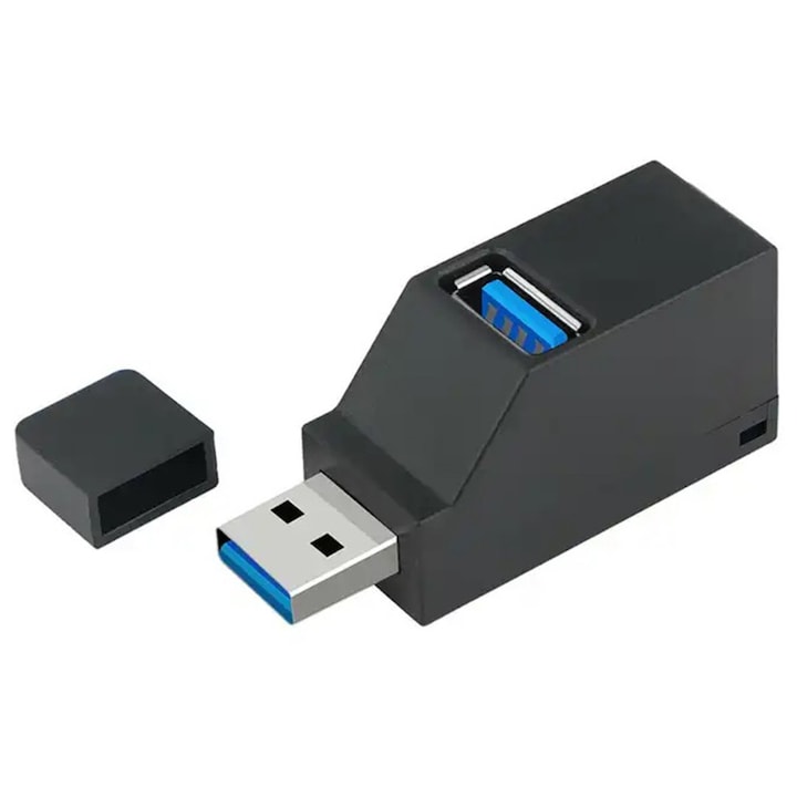Ultragyors aktív USB HUB, Zola®, 2 USB 2.0 port és egy 3.0 port, 625 MB/s, ABS anyag, fekete, 5,5x2,4x1,8 cm