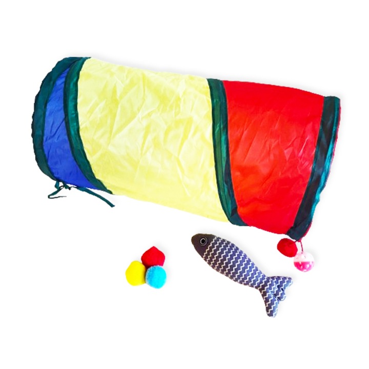 Set de joaca pentru pisici Happy Meow 4PlaY, 5 piese, tunel de joaca pentru pisici multicolor, jucarie catnip forma de peste, 3 buc pompoane viu colorate