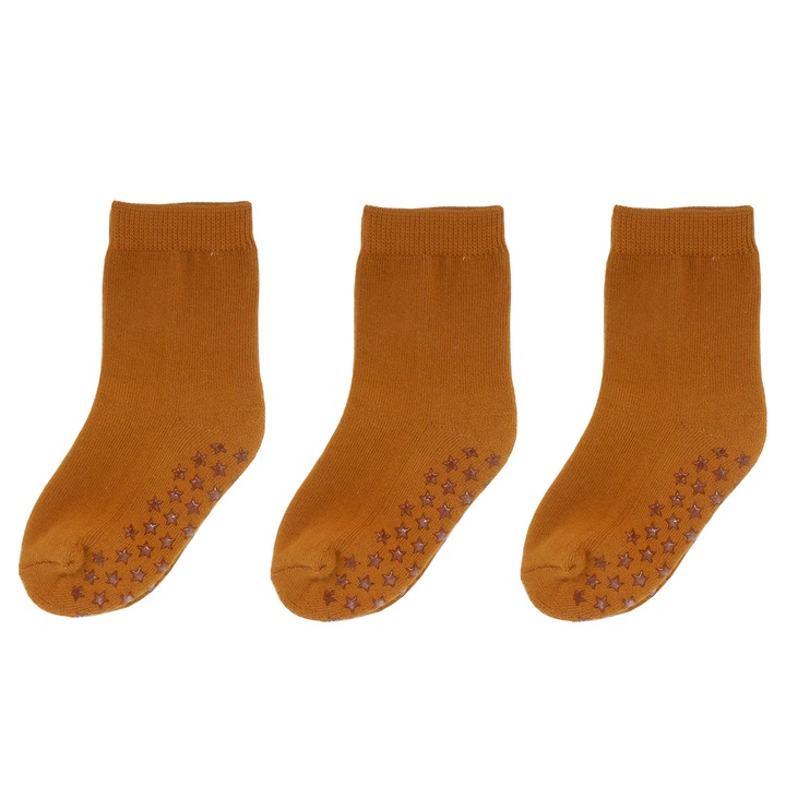 Комплект от 3 броя детски чорапи, Sayoyo, нехлъзгащи се, Кафяв