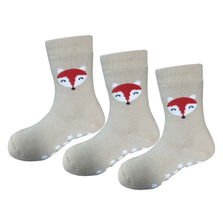 Детски чорапи с животинска щампа - 3 чифта, Sayoyo, неплъзгащи се, Бежов