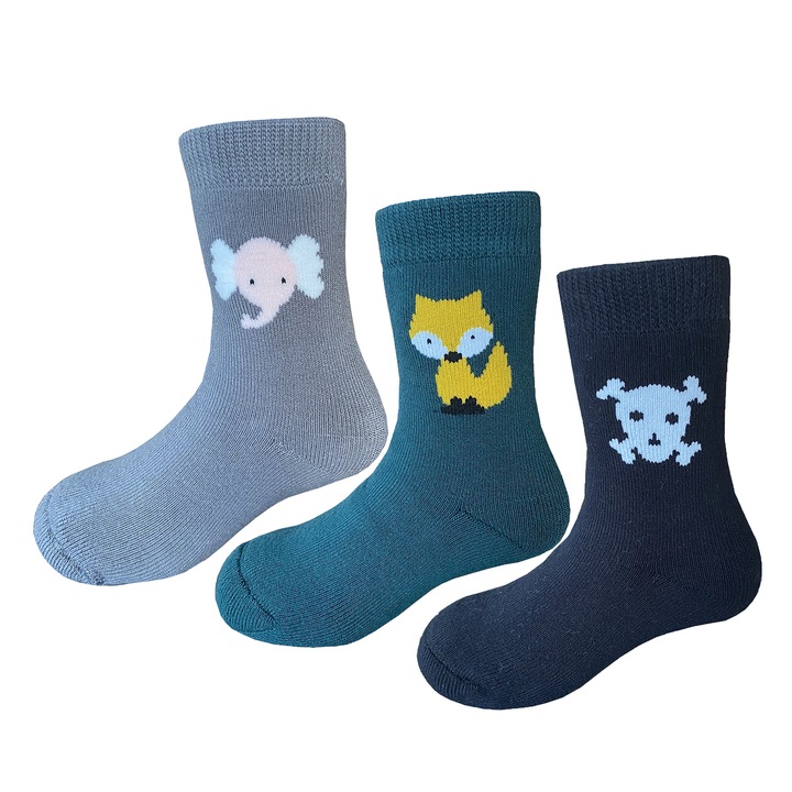 Детски чорапи с животинска щампа - 3 чифта, Sayoyo, Зелен/Черен/Сив