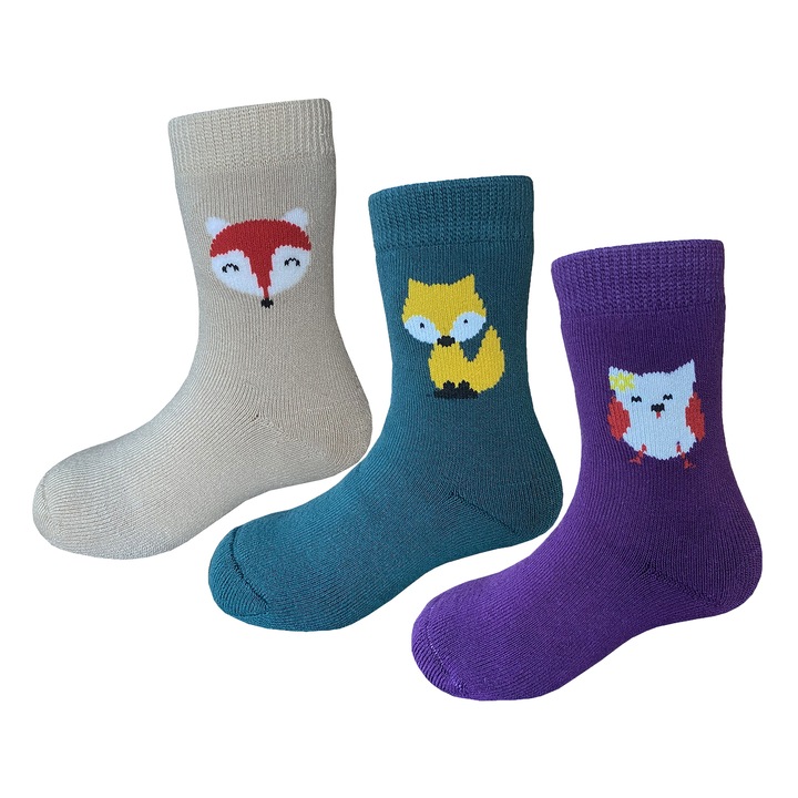 Детски чорапи с животинска щампа - 3 чифта, Sayoyo, Зелен/Бежов/Тъмно лилаво