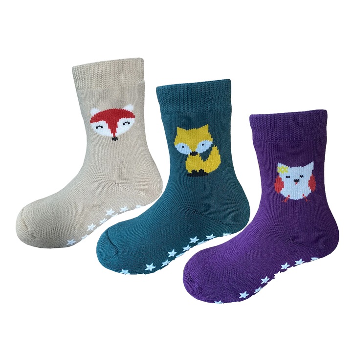 Детски чорапи с животинска щампа - 3 чифта, Sayoyo, неплъзгащи се, Зелен/Бежов/Тъмно лилаво