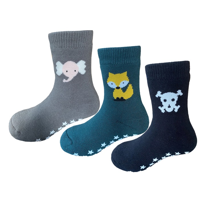 Детски чорапи с животинска щампа - 3 чифта, Sayoyo, неплъзгащи се, Зелен/Черен/Сив