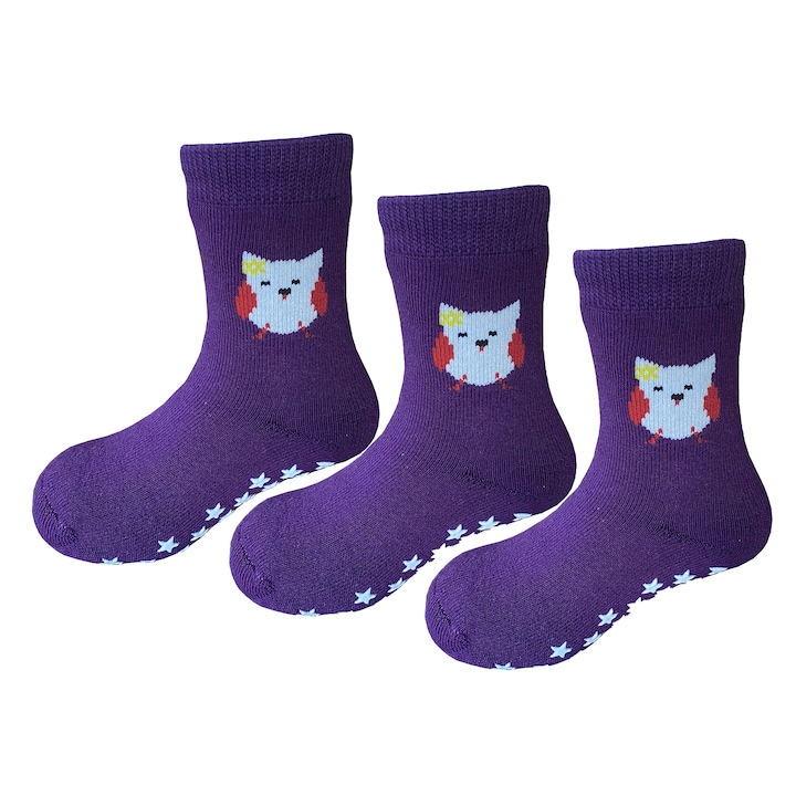 Детски чорапи с животинска щампа - 3 чифта, Sayoyo, неплъзгащи се, Тъмно лилаво