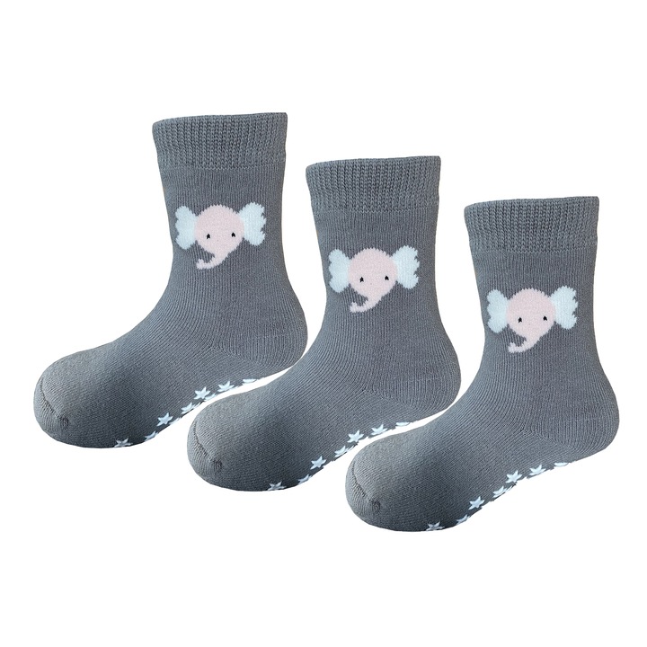 Детски чорапи с животинска щампа - 3 чифта, Sayoyo, неплъзгащи се, Сив