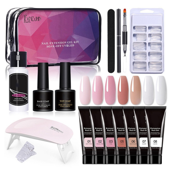 Set Manichiura cu Gel Structurat, LXNZUHN®, 17 piese, 7 culori, lampa UV, 100 unghii false, 20ml, Multicolor