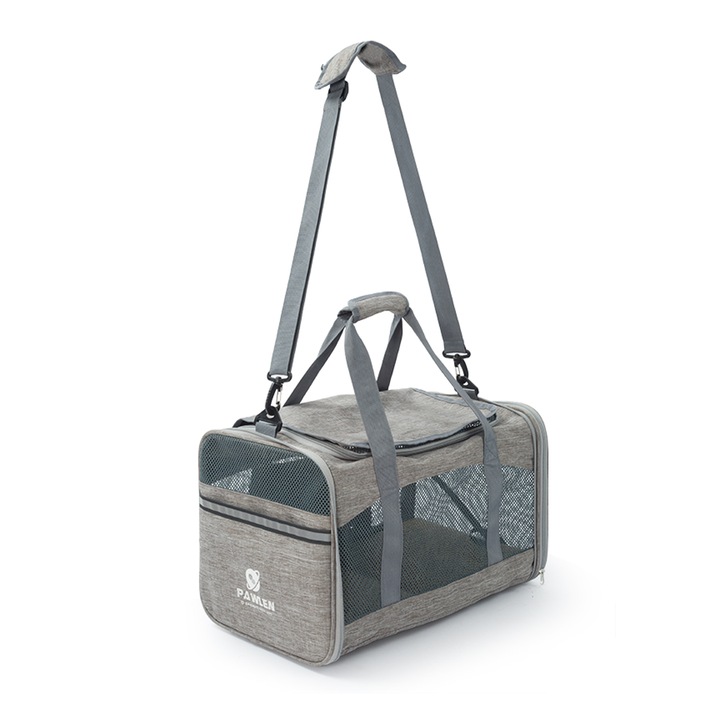 Geanta pentru transportul animalelor de companie, caine/pisica, 46x29x29, baza rezistenta, pliabila, plasa pentru aerisire, Gri