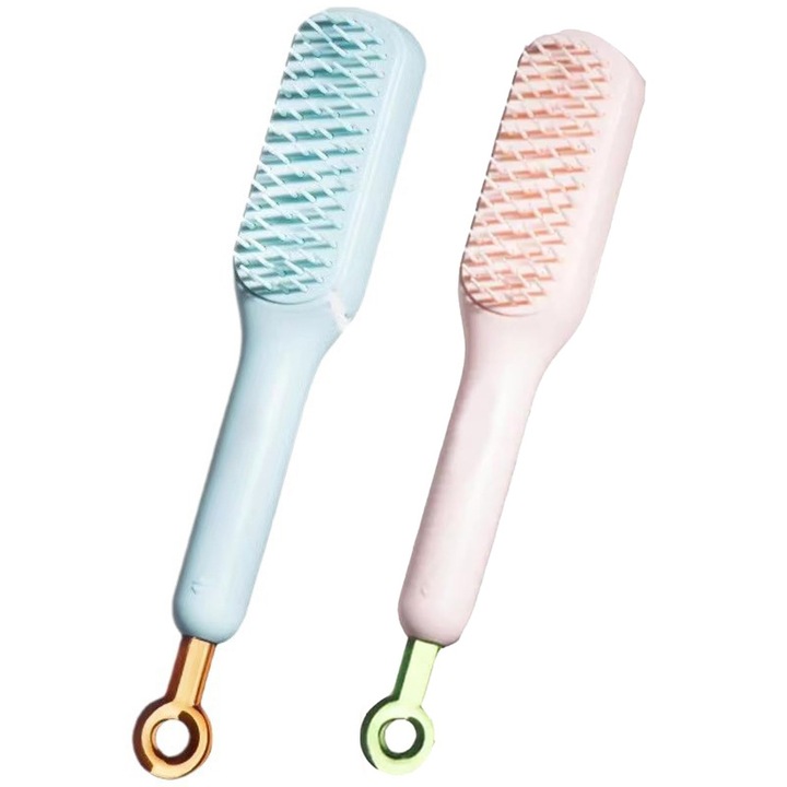 Set 2 piepteni dama, LXNZUHN®, Telescopic, masaj, auto-curatare cu o singura apasare, antistatic, maner extins, portabil, pentru descurcarea parului, Plastic, 22.2×4.2 cm, Roz/Albastru