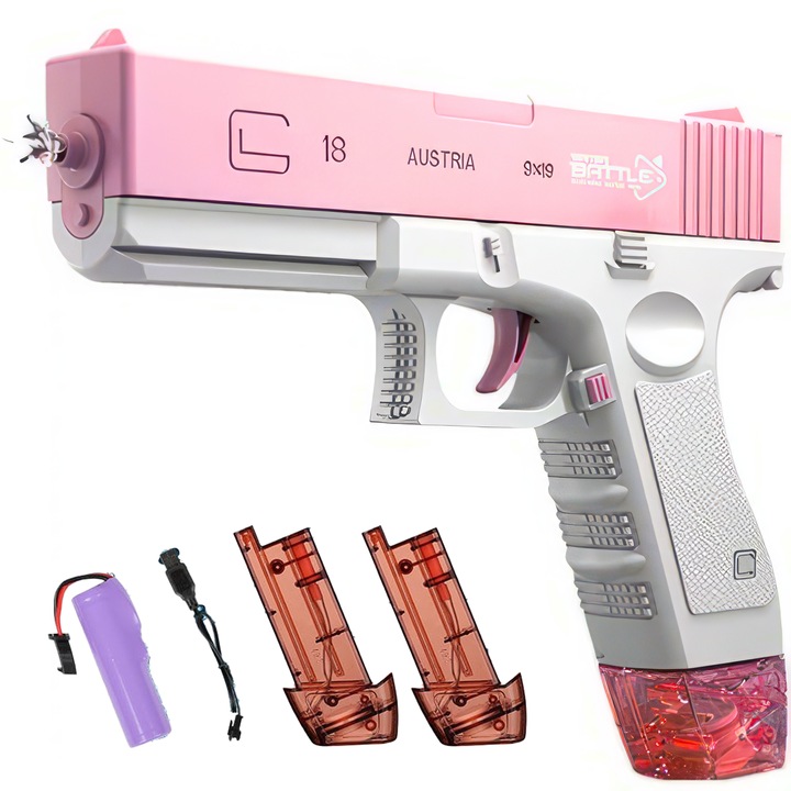 Pistol cu ​​apa, electric, complet automat si poate trage continuu, magazie 2×58ml, ABS, 20,5 cm x 16,5 cm x 3 cm, Roz