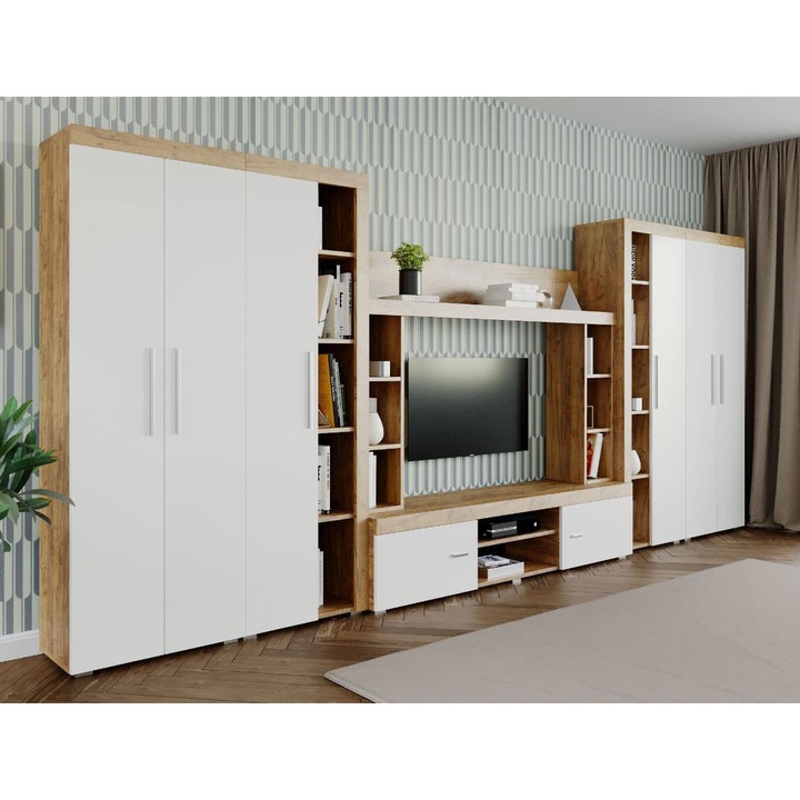 Set Mobila sufragerie, Milan C3 Duo, Stejar Auriu, L 435.2 x A 35.2 x H 182 cm