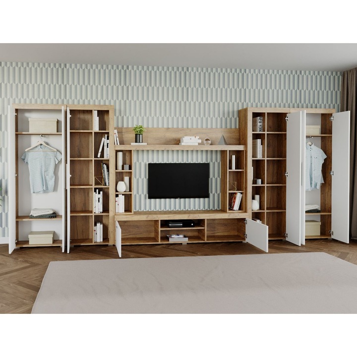 Set Mobila sufragerie, Milan C3 Duo, Stejar Auriu, L 435.2 x A 35.2 x H 182 cm