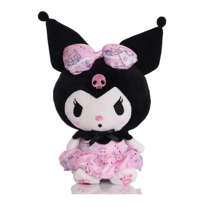 Плюшена играчка Sanrio Hello Kitty, Kuromi в розова рокля и панделка, 21 см
