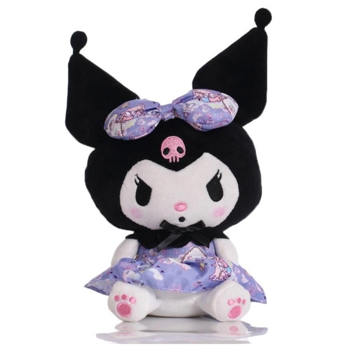 Плюшена играчка Sanrio Hello Kitty, Kuromi в лилава рокля и панделка, 21 см