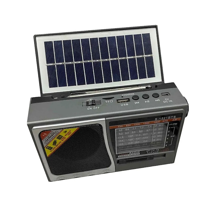 Radio Portabil cu Acumulator intern si baterii, FM/AM/SW Cititor format MP3 USB/TF, Bluetooth, Incarcare Solara, lanterna, pentru Pescuit, Camping, Cutremure, Furtuni
