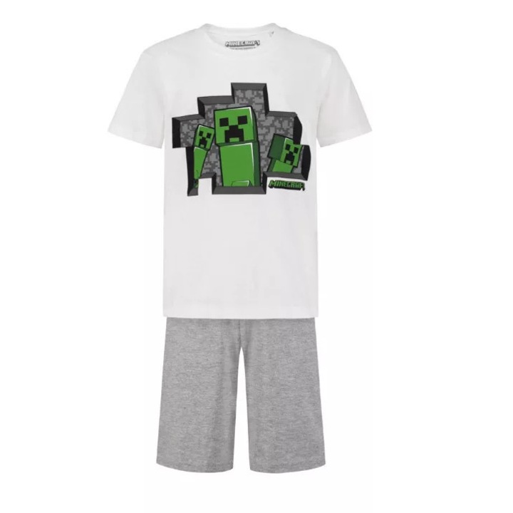 Pijamale copii, Mojang, Bumbac, Model Minecraft, Gri, 116 CM