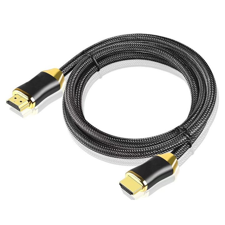 Set Cablu HDMI tata-tata, 2.1, WTO®, Premium Ultra High Speed, 8K 60 Hz, 4K 120 Hz, 2 m, Compatibil cu consola PS5, Xbox, Negru/Auriu