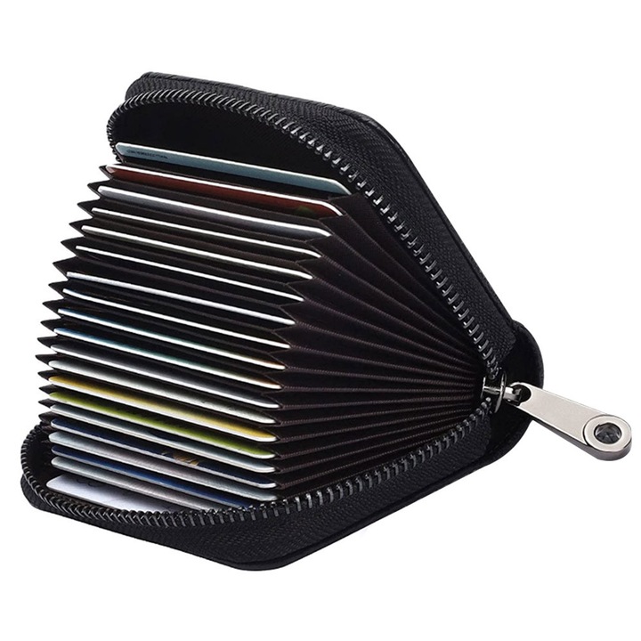 Кожен портфейл, За съхранение на кредитни карти и бележки, 10,5x8x3 см, 20 слота, черен