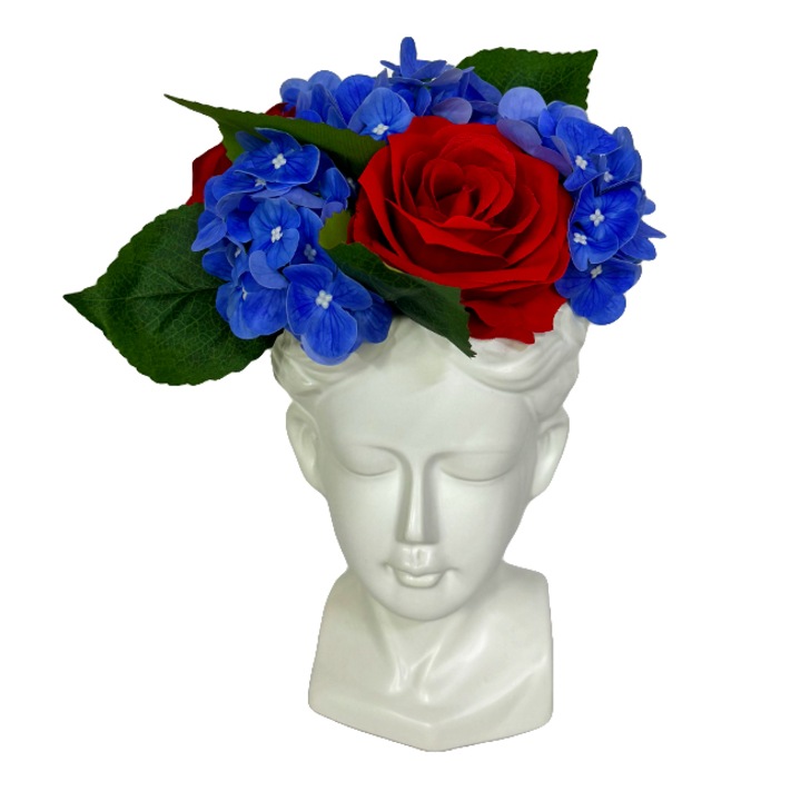 Vaza Venus Wanted Love Power, cu aranjament floral artizanal, trandafir si hortensii, Alb/Albastru, Velve