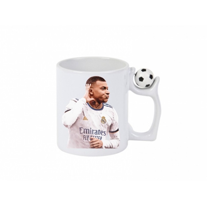 Cana ceramica cu maner fotbal antistres ''Kylian Mbappe la Real Madrid'', alba, 350 ml