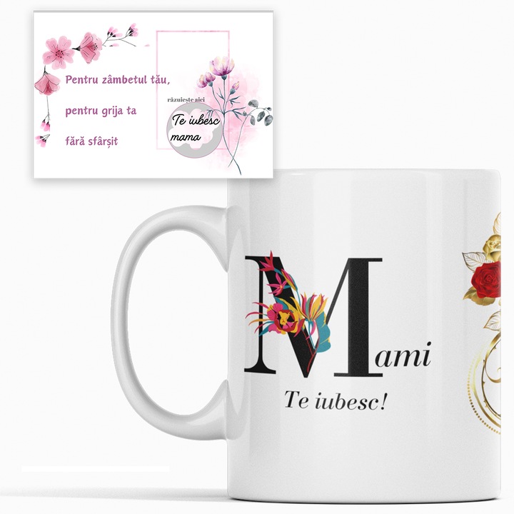 Set Pentru Mama, JOYSTOS, Cana Ceramica Cu Mesajul ”Mami Te Iubesc”, Alba, 330 ml, si Card Razuibil 70x100mm cu Mesajul ”Pentru zambetul tau, pentru grija ta fara sfarsit, Te iubesc”