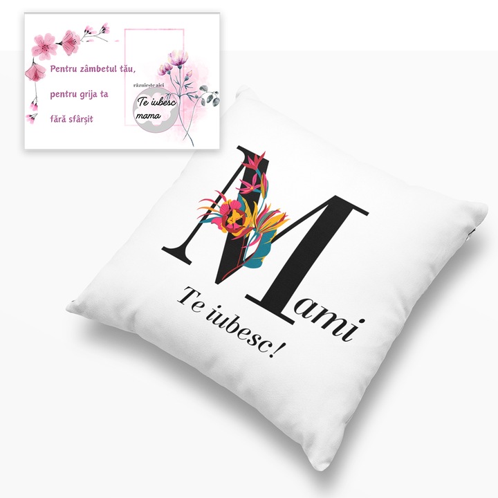 Set Pentru Mama, JOYSTOS, Perna Decorativa, 40x40cm, Cu mesaj ”Mami te iubesc” si Card Razuibil pentru Mama cu mesajul ”Pentru zambetul tau, pentru grija ta fara sfarsit, te iubesc”