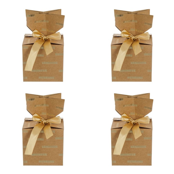 Set 4 cutii pentru dulciuri Shopiens® din hartie kraft cu linii din folie aurie si inchidere cu panglica, 10 x 10 x 10 cm