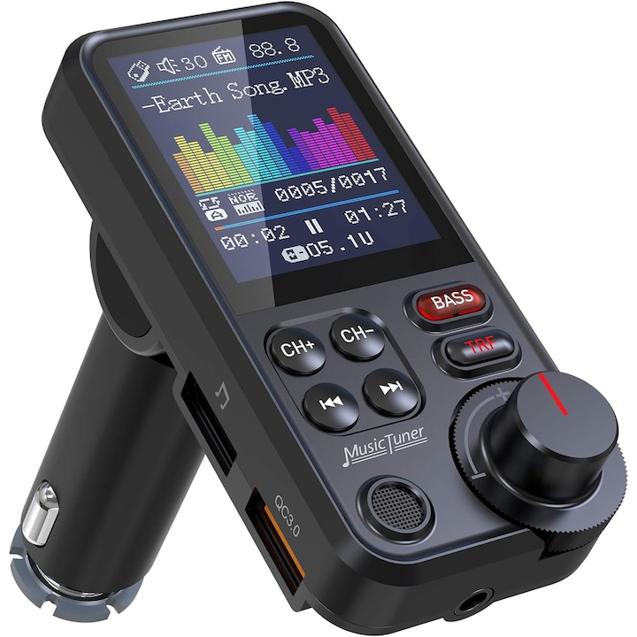 FM модулатор, MOSMAOO®, Bluetooth 5.0, голям LCD цветен екран 1.8", Bass&Treble, QC 3.0 18W, черен