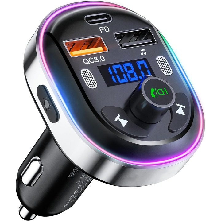 FM модулатор, MOSMAOO®, Bluetooth 5.3, FM трансмитер с функция за зарядно за кола, бързо зареждане, USB Type-C порт, 7 околни цвята, черен