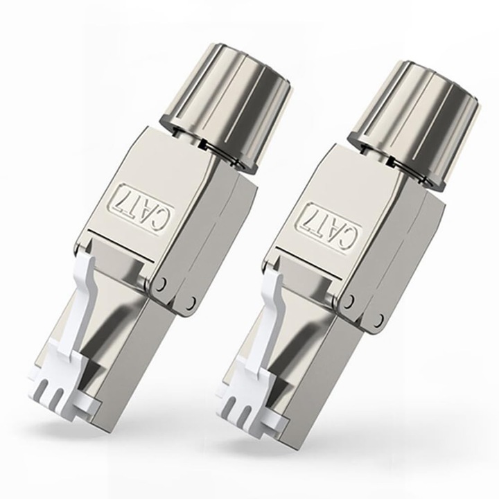 Комплект от 2 екранирани конектора Cat.7 Rj45, JENUOS®, конектор без инструменти, модулен, самозатягащ се, сребрист