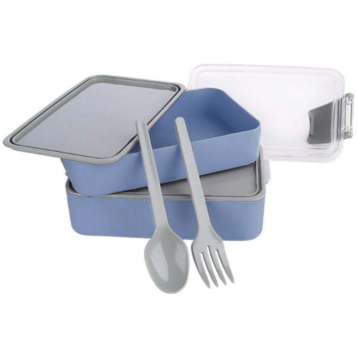 Caserola alimentara dubla cu tacamuri, 400ml + 500ml, Gri-Albastru