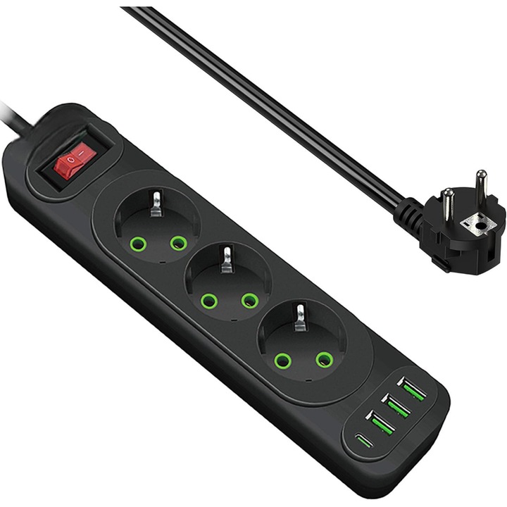 Prelungitor power soket 3 prize, 3xUSB, 1x tip C, 5V/2.1A, 2500 W, protectie copii, lungime cablu 3 m, negru