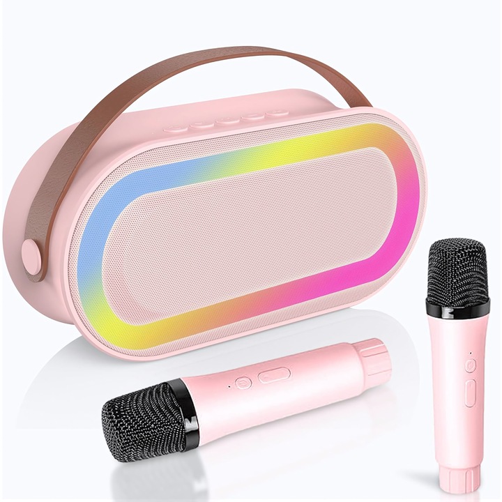 Microfon Karaoke Smart pentru copii si adulti, goBERA®, Wireless, Difuzor portabil Bluetooth, Efecte vocale, Potrivit pentru petreceri si sarbatori, Lumini LED, 2 microfoane wireless, 4 efecte voce, MicroSD card, Flash USB, Player MP3, Aux, Culoare Roz